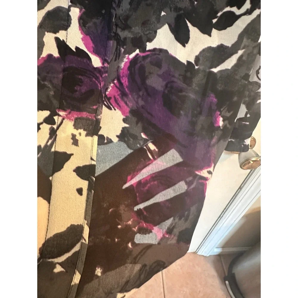 Ann Taylor LOFT Purple Black Floral Sheer‎ Chiffon V-Neck Blouse XL Long Sleeve - Picture 4 of 11